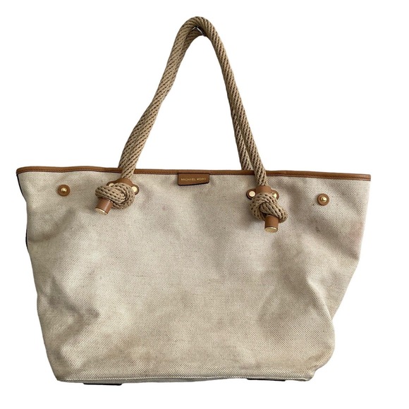 Michael Kors Maritime Beach Tote Canvas Beige X Large Rope Handles - Picture 2 of 15